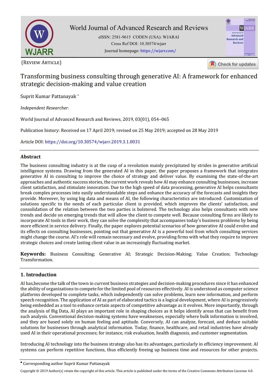 Article: Transforming business consulting through generative AI: A framework for enhanced strategic decision-making and value creation