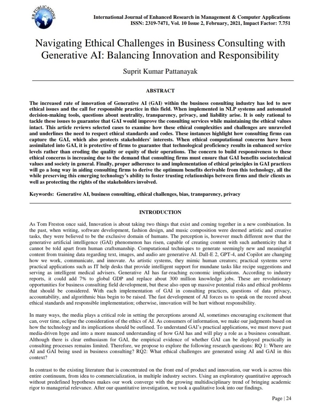 Article: Navigating Ethical Challenges in Business Consulting with Generative AI: Balancing Innovation and Responsibility