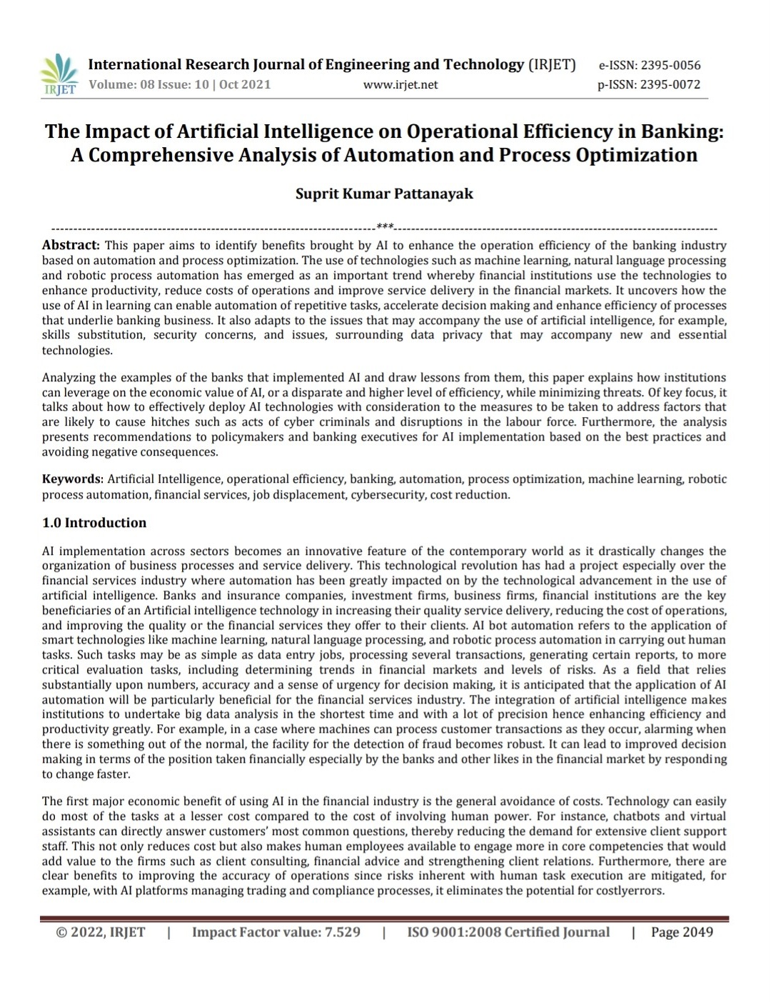 Article: The Impact of Artificial Intelligence on Operational Efficiency in Banking: A Comprehensive Analysis of Automation and Process Optimization