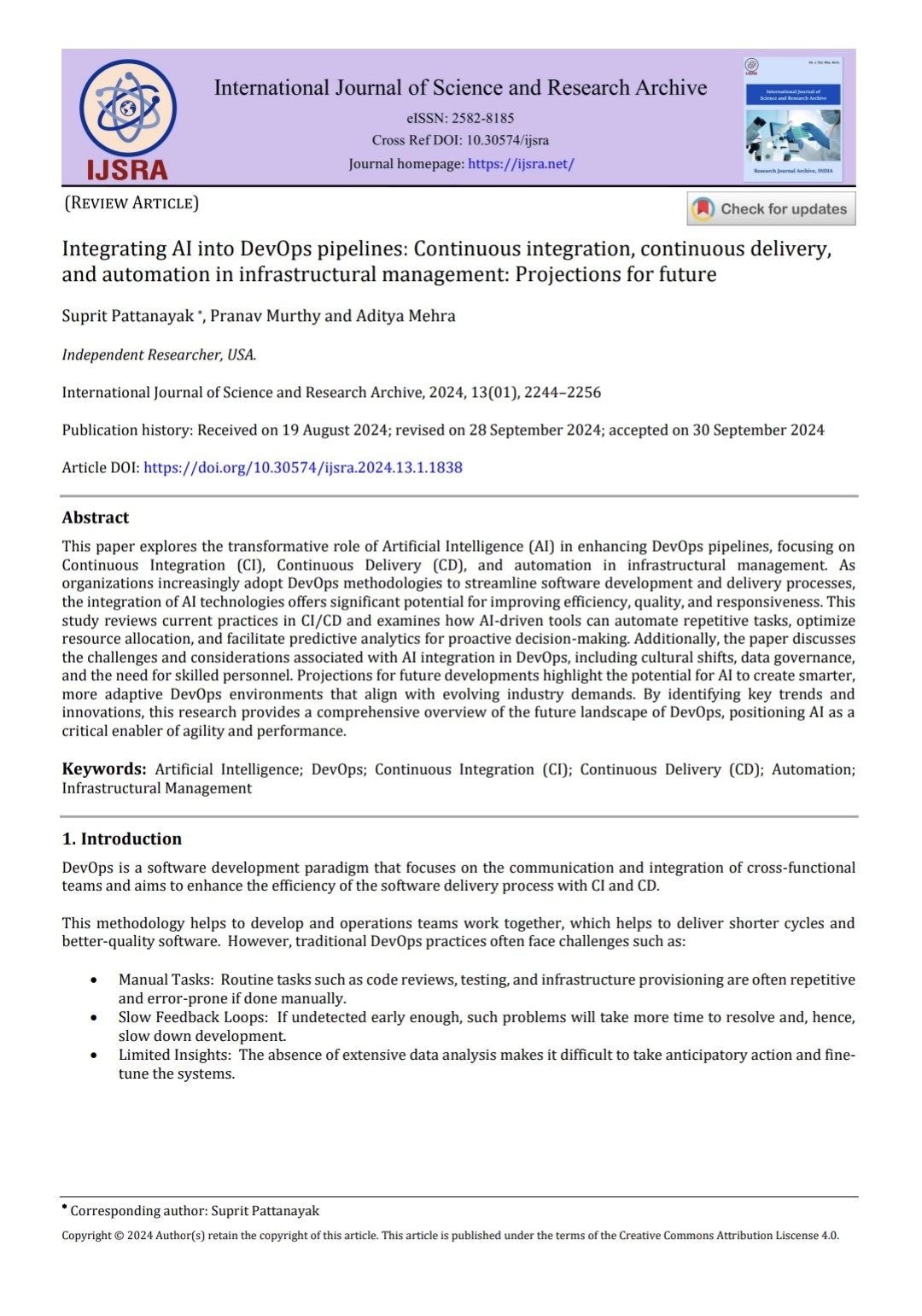 Article: Integrating AI into DevOps pipelines: Continuous integration, continuous delivery, and automation in infrastructural management: Projections for future