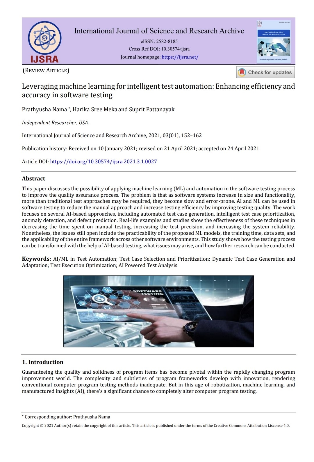 Article: Leveraging machine learning for intelligent test automation: Enhancing efficiency and accuracy in software testing